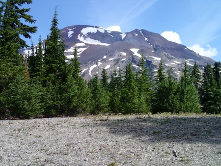 South Sister, volcanic ejecta. south climbs hard on the left edge of snow pack
